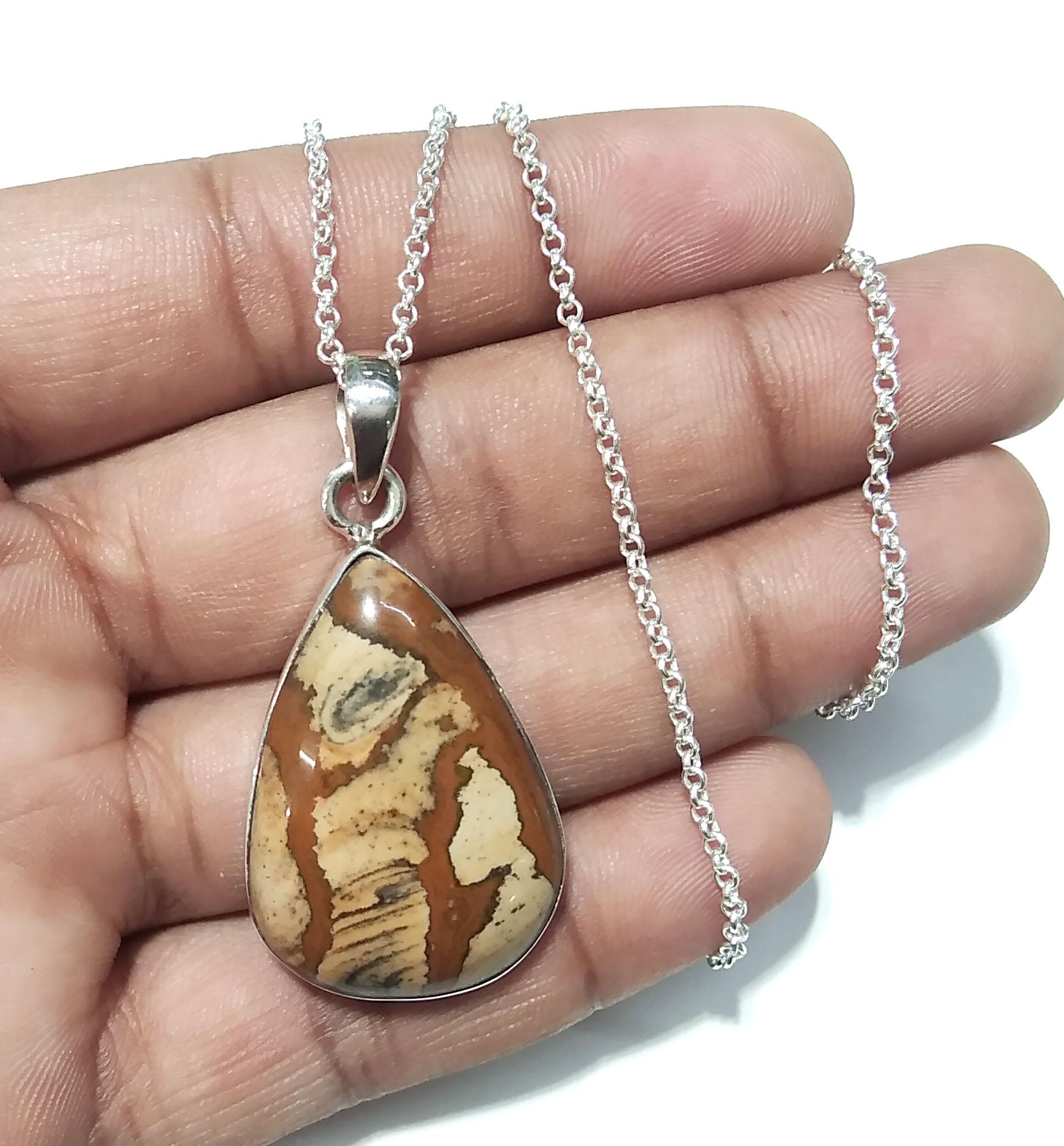 Natural Picture Jasper Gemstone Pendant, 925 Starling Silver Pendant Necklace Chain, Handmade Jewelry Stone Size 30x21mm Gift Pendant